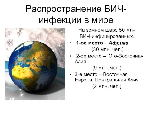 Распространение ВИЧ-инфекции в мире На земном шаре 50 млн ВИЧ-инфицированных. 1-ое