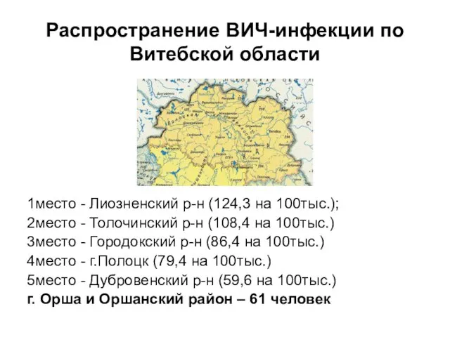 Распространение ВИЧ-инфекции по Витебской области 1место - Лиозненский р-н (124,3 на