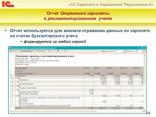 Отчет Отражение зарплаты в регламентированном учете Отчет используется для анализа отражения