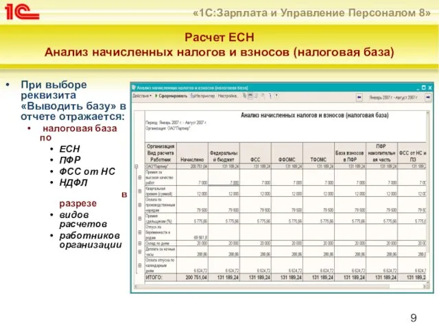 Расчет ЕСН Анализ начисленных налогов и взносов (налоговая база) При выборе