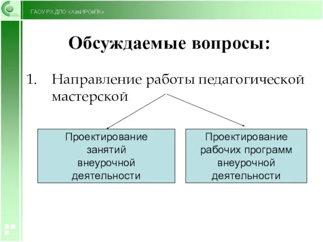 Обсуждаемые вопросы: Направление работы педагогической мастерской Проектирование занятий внеурочной деятельности Проектирование рабочих программ внеурочной деятельности