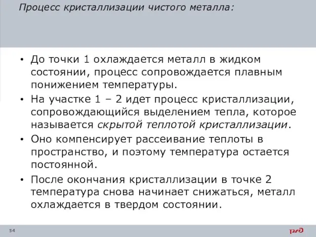 Процесс кристаллизации чистого металла: До точки 1 охлаждается металл в жидком