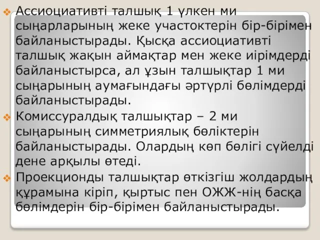 Ассиоциативті талшық 1 үлкен ми сыңарларының жеке участоктерін бір-бірімен байланыстырады. Қысқа