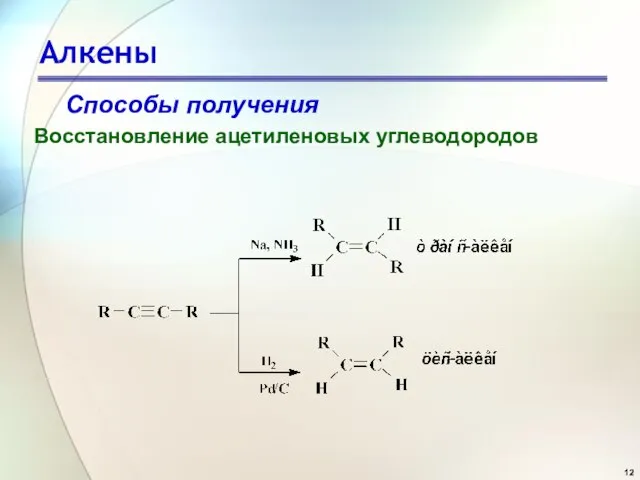 Алкены Способы получения Восстановление ацетиленовых углеводородов