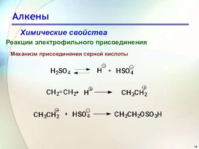 Алкены Химические свойства Реакции электрофильного присоединения Механизм присоединения серной кислоты