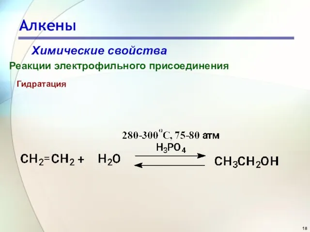 Алкены Химические свойства Реакции электрофильного присоединения Гидратация