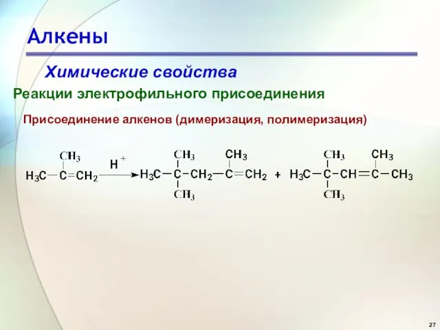 Алкены Химические свойства Реакции электрофильного присоединения Присоединение алкенов (димеризация, полимеризация)