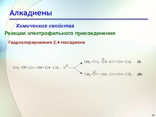 Алкадиены Химические свойства Реакции электрофильного присоединения Гидрохлорирование 2,4-гексадиена