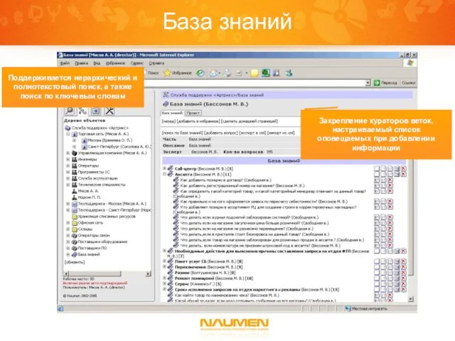База знаний Поддерживается иерархический и полнотекстовый поиск, а также поиск по