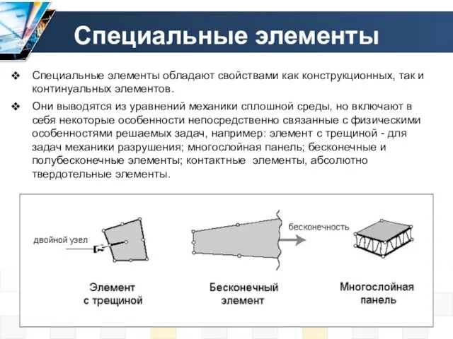 Специальные элементы Специальные элементы обладают свойствами как конструкционных, так и континуальных