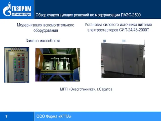 ООО Фирма «КГПА» Обзор существующих решений по модернизации ПАЭС-2500 Модернизация вспомогательного