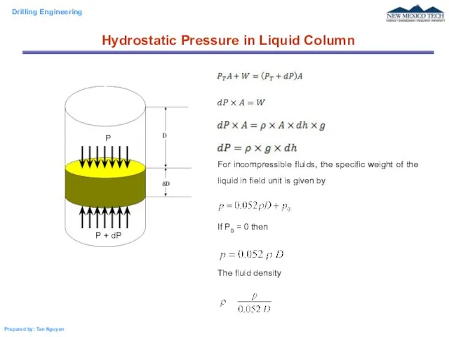For incompressible fluids, the specific weight of the liquid in field