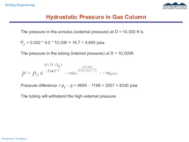 The pressure in the annulus (external pressure) at D = 10,000