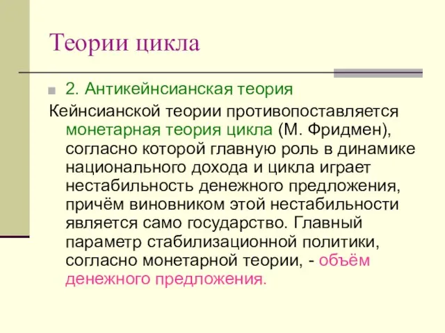 Теории цикла 2. Антикейнсианская теория Кейнсианской теории противопоставляется монетарная теория цикла