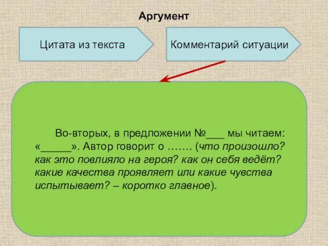 Аргумент Во-вторых, в предложении №___ мы читаем: «_____». Автор говорит о