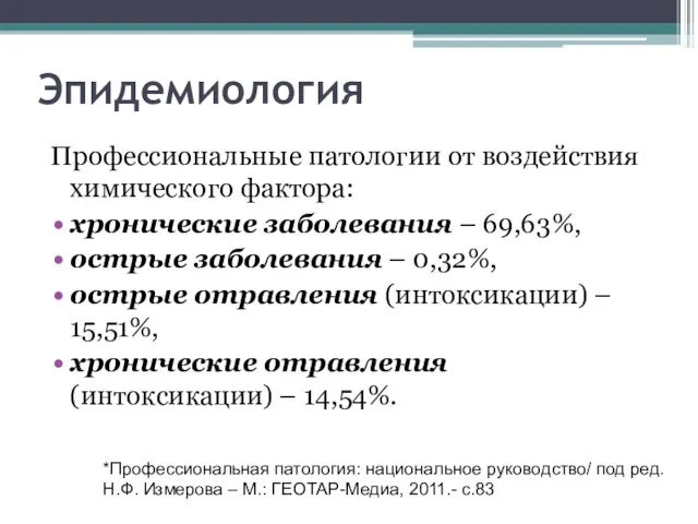 Эпидемиология Профессиональные патологии от воздействия химического фактора: хронические заболевания – 69,63%,