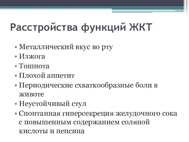 Расстройства функций ЖКТ Металлический вкус во рту Изжога Тошнота Плохой аппетит