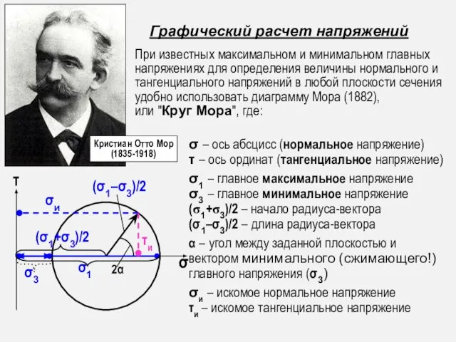 При известных максимальном и минимальном главных напряжениях для определения величины нормального