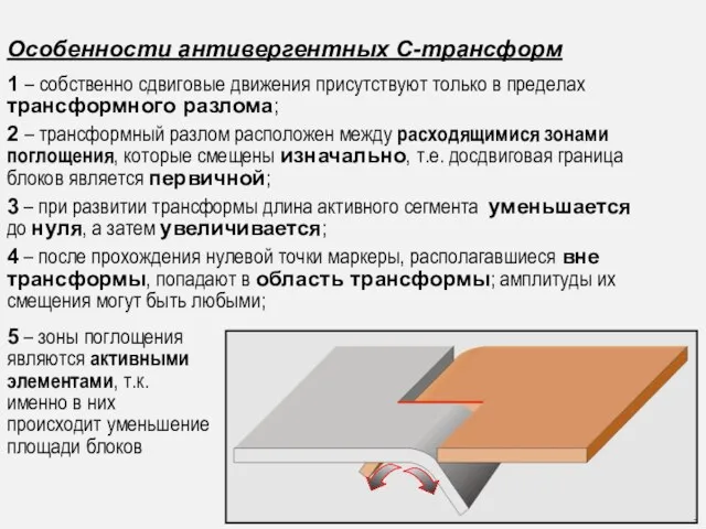 1 – собственно сдвиговые движения присутствуют только в пределах трансформного разлома;