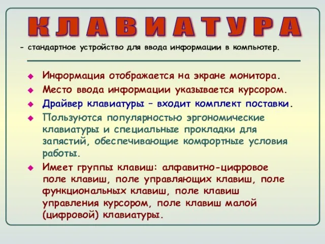 Информация отображается на экране монитора. Место ввода информации указывается курсором. Драйвер