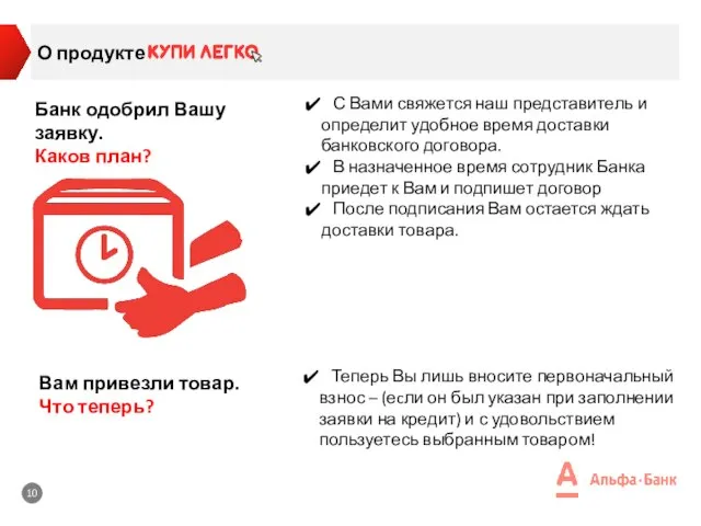 О продукте Банк одобрил Вашу заявку. Каков план? Вам привезли товар.