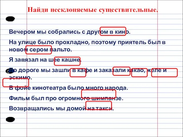 Найди несклоняемые существительные. Вечером мы собрались с другом в кино. На