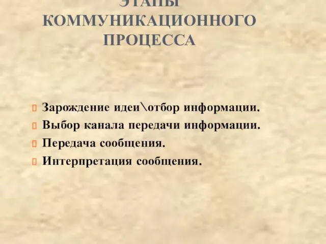 ЭТАПЫ КОММУНИКАЦИОННОГО ПРОЦЕССА Зарождение идеи\отбор информации. Выбор канала передачи информации. Передача сообщения. Интерпретация сообщения.