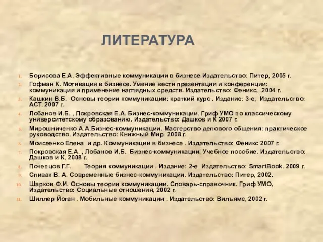 ЛИТЕРАТУРА Борисова Е.А. Эффективные коммуникации в бизнесе Издательство: Питер, 2005 г.