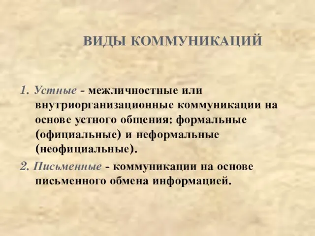 ВИДЫ КОММУНИКАЦИЙ 1. Устные - межличностные или внутриорганизационные коммуникации на основе