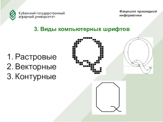 Факультет прикладной информатики 3. Виды компьютерных шрифтов Растровые Векторные Контурные