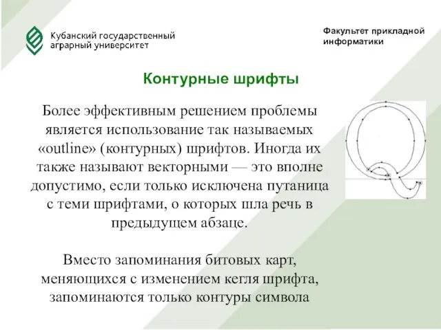 Факультет прикладной информатики Контурные шрифты Более эффективным решением проблемы является использование