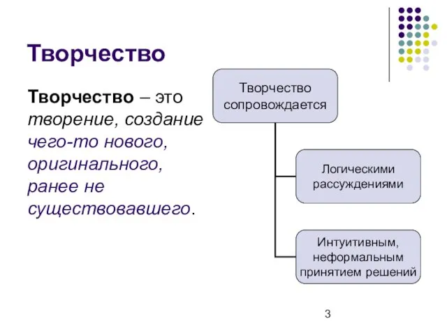 Творчество Творчество – это творение, создание чего-то нового, оригинального, ранее не существовавшего.