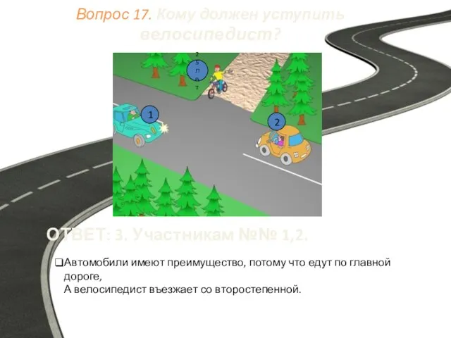 Вопрос 17. Кому должен уступить велосипедист? ОТВЕТ: 3. Участникам №№ 1,2.