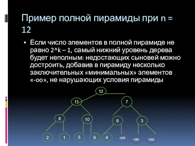 Пример полной пирамиды при n = 12 Если число элементов в