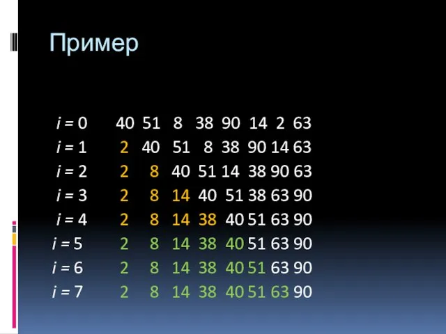 Пример i = 0 40 51 8 38 90 14 2