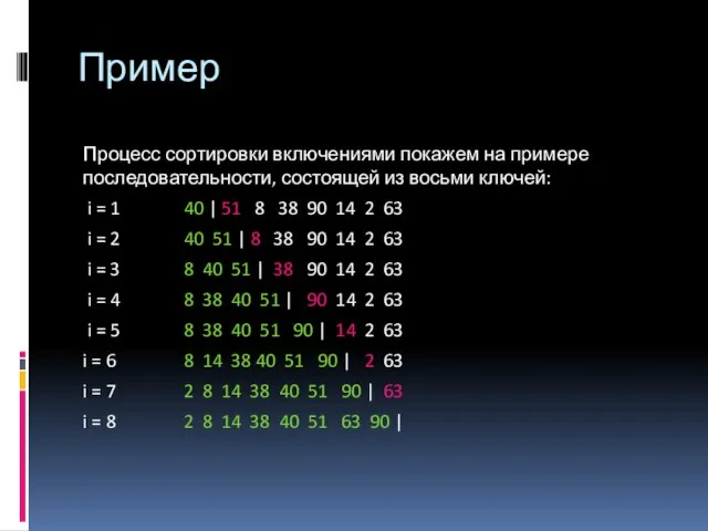 Пример Процесс сортировки включениями покажем на примере последовательности, состоящей из восьми