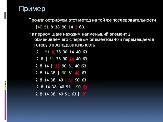 Пример Проиллюстрируем этот метод на той же последовательности ⎪40 51 8