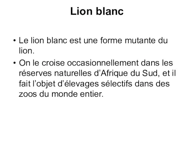 Lion blanc Le lion blanc est une forme mutante du lion.