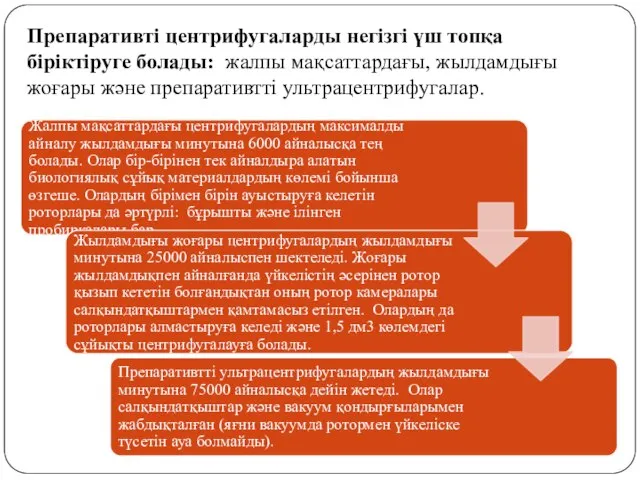 Препаративті центрифугаларды негізгі үш топқа біріктіруге болады: жалпы мақсаттардағы, жылдамдығы жоғары және препаративтті ультрацентрифугалар.