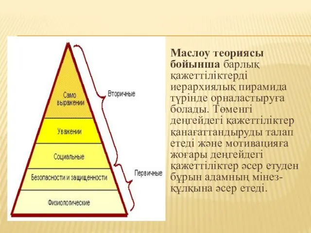 Маслоу теориясы бойынша барлық қажеттіліктерді иерархиялық пирамида түрінде орналастыруға болады. Төменгі