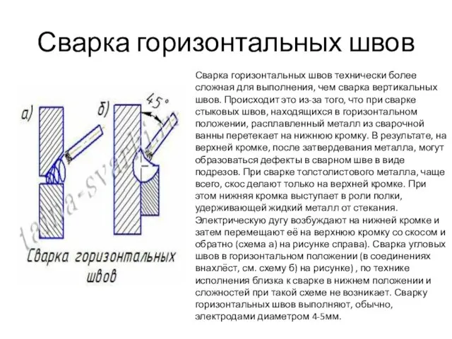 Сварка горизонтальных швов Сварка горизонтальных швов технически более сложная для выполнения,