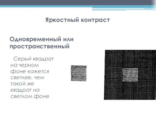 Одновременный или пространственный Яркостный контраст Серый квадрат на черном фоне кажется