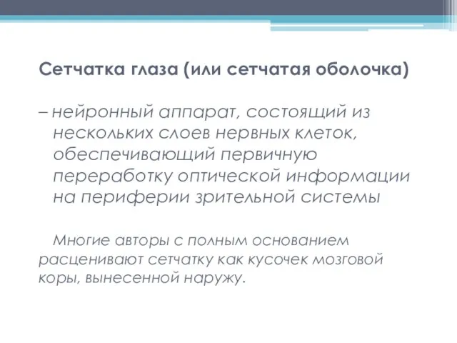 Сетчатка глаза (или сетчатая оболочка) – нейронный аппарат, состоящий из нескольких