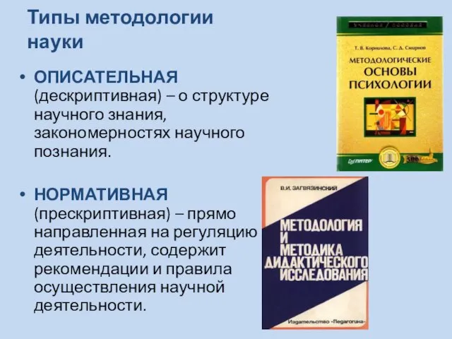 Типы методологии науки ОПИСАТЕЛЬНАЯ (дескриптивная) – о структуре научного знания, закономерностях