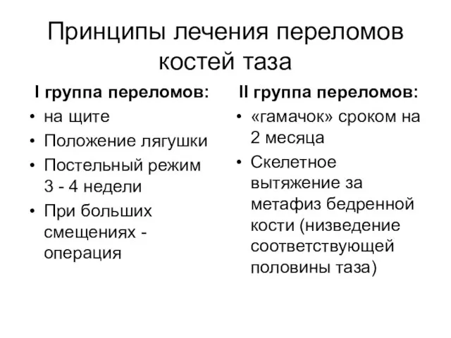 Принципы лечения переломов костей таза I группа переломов: на щите Положение