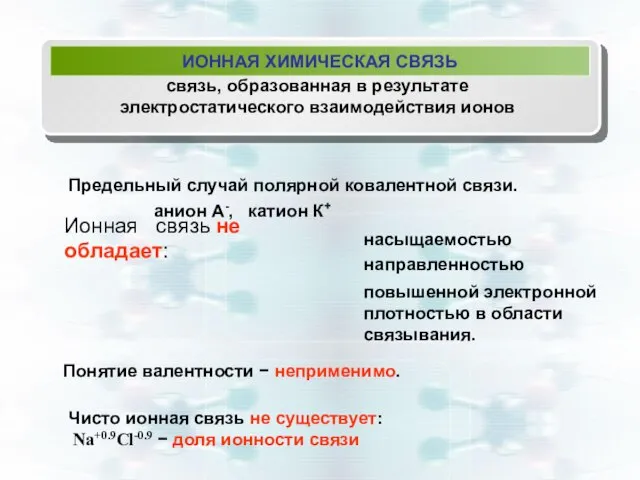 Предельный случай полярной ковалентной связи. анион А-, катион К+ Ионная связь