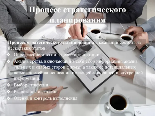 Процесс стратегического планирования Процесс стратегического планирования в компании состоит из нескольких