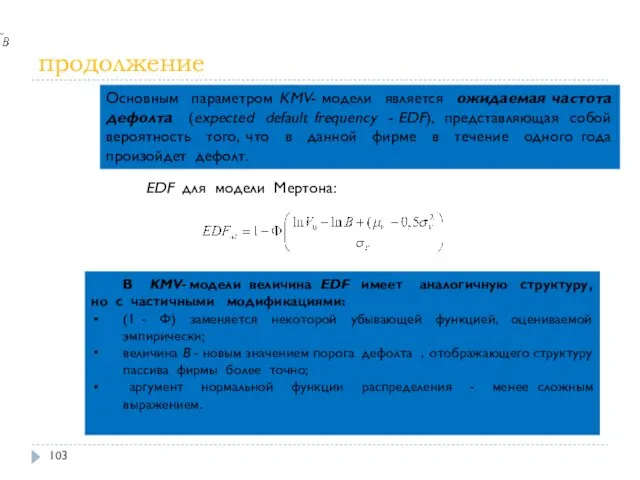 продолжение Основным параметром KMV- модели является ожидаемая частота дефолта (expected default