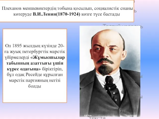 Плеханов меншевиктердің тобына қосылып, социалистік снаны көтеруде В.И.Ленин(1870-1924) көзге түсе бастады