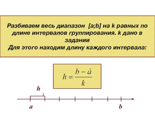 Разбиваем весь диапазон [a;b] на k равных по длине интервалов группирования.